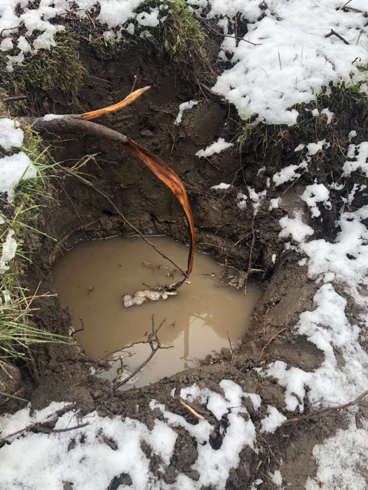 Grop i marken med vatten, omgiven av snö och jord, visar sättning över tid.