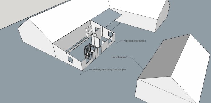 3D-skiss av ett planerat badrumsprojekt med markerade vatten och avloppsanslutningar samt befintlig PEM-slang.