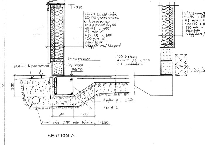 Ritning av sektion A med detaljer för en byggnadsgrund, inklusive mått och material som LECA-block och betong.