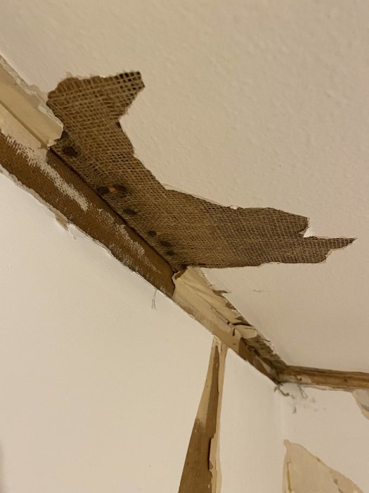 Skadad äldre tapet som delvis lossnat från väggen, avslöjar spänd säckväv och trälist under.