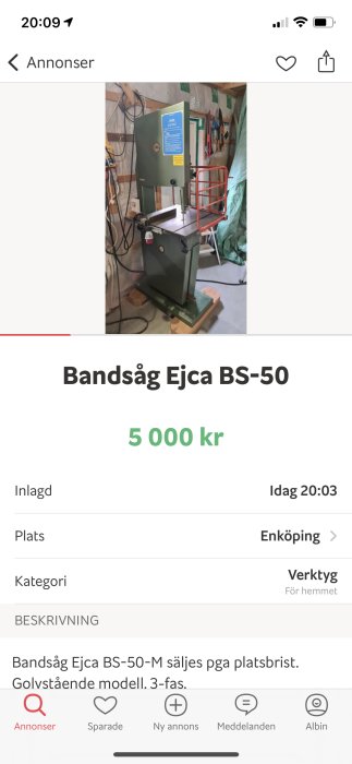 Bandsåg Ejca BS-50 till salu för 5000 kr, grön och grå färg, placerad i en verkstad.