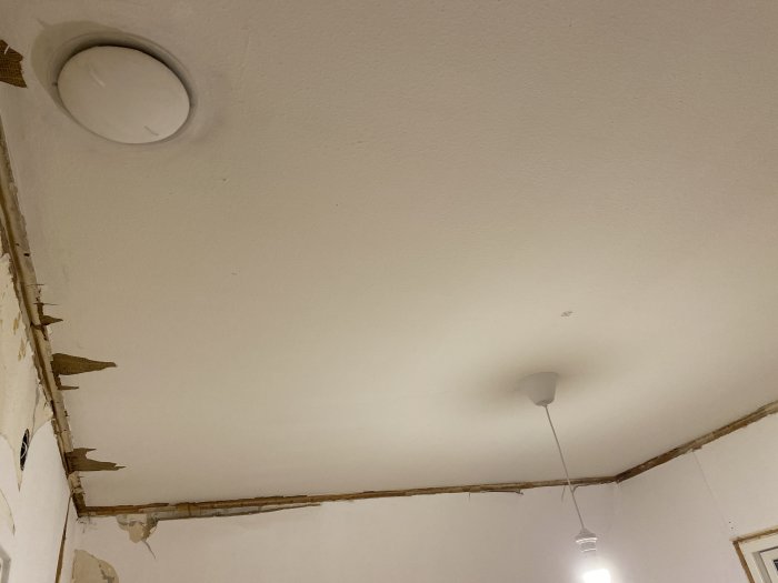 Renovering av tak med skadad gipsskiva och exponerade träbjälkar, taklampor syns.