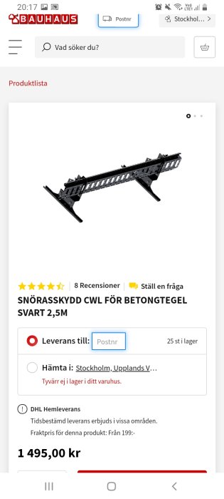 Snörasskydd för betongpannor, svart, visat mot vit bakgrund.