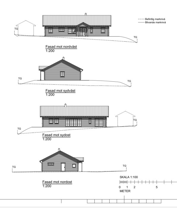 Arkitektoniska ritningar av ett enplanshus från olika väderstreck med marknivåföre och efter justering.