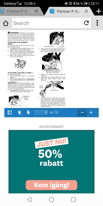 Instruktionsbilder för montering av motorsågskedja och spänning av kedjan.