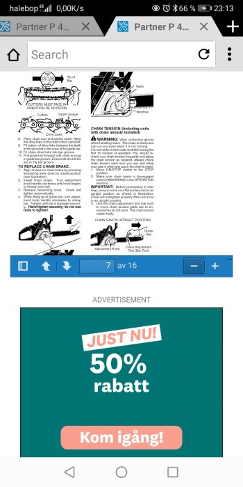 Instruktionsbilder för justering av kedjespänning på motorsåg och varningstexter.