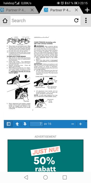 Instruktionsmanual för kedjesåg visande steg för att justera kedjespänning och rätt positionering.