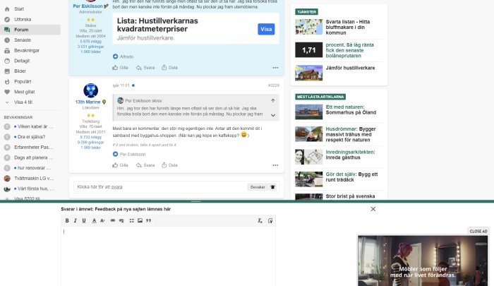 Skärmbild av ett diskussionsforum med en popup-reklam från IKEA i nedre högra hörnet.