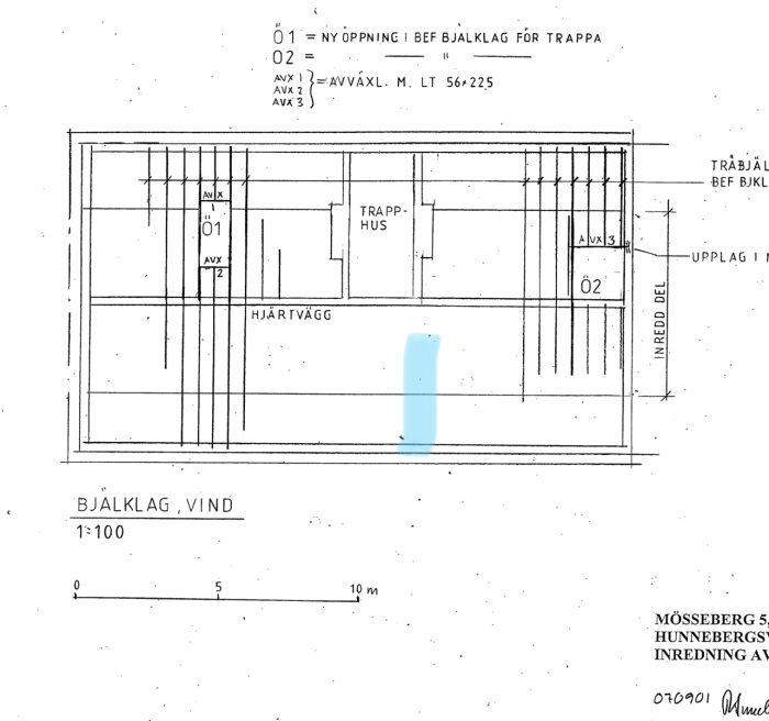 Arkitektonisk konstruktionsritning för ombyggnad av vinden visar planlösning och bjälklag.