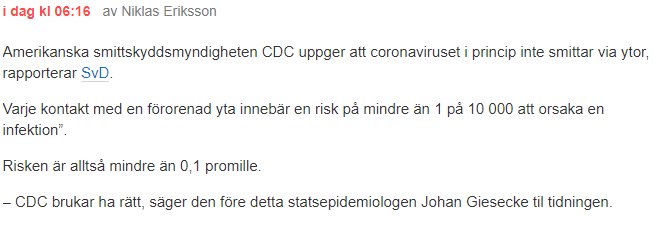 Skärmdump av nyhetsartikel där CDC säger att risken att få COVID från ytor är mycket låg.