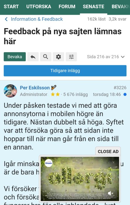 Screenshot av diskussionsforum med popup-reklam i nedre högra hörnet på skärmen.