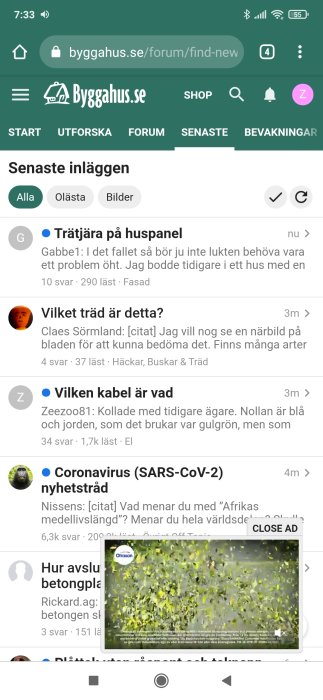 Skärmdump av forum med reklam som stör navigeringen genom att täcka stort område av visningen.