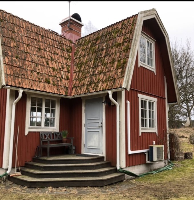 Rött torp med vitknut och eternittak, frontvy med entré, fönster och värmepump.