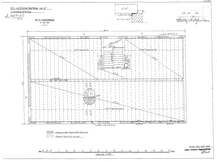 Svartvit byggnadsritning från 1934 som visar planlösning och detaljer.