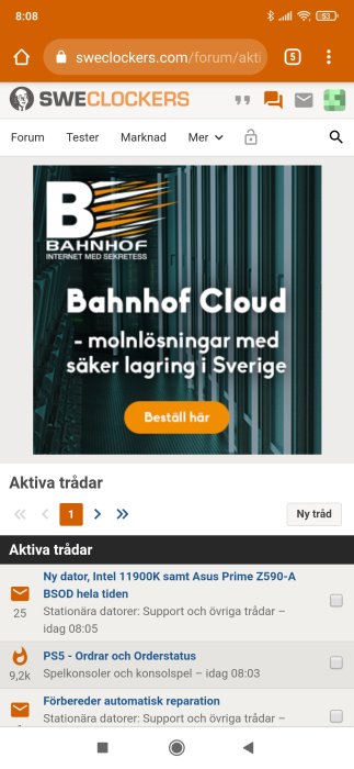 Skärmdump av ett forum med en stor Bahnhof Cloud annons och en lista över aktiva trådar nedanför.