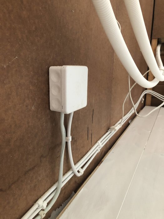 Elledningar och fördelningsdosa installerade längs en vägg, frågan gäller kvaliteten på eldragningen.