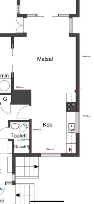 Svartvit planritning av en lägenhet med ett kök och matsal markerade, inklusive mått och möblemang.