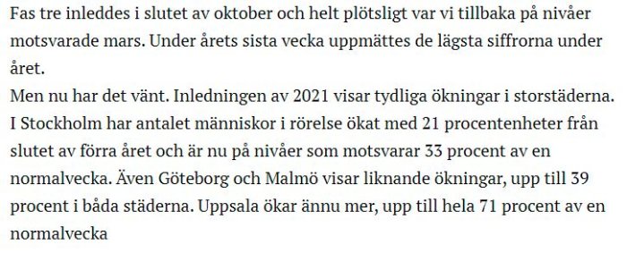 Skärmdump av en artikel som beskriver ökningen av personrörelser i svenska städer under inledningen av 2021.