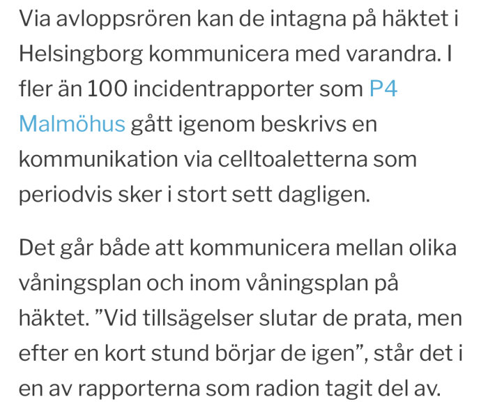 Skärmbild av en text om kommunikation via avloppsrör mellan intagna på häktet i Helsingborg.