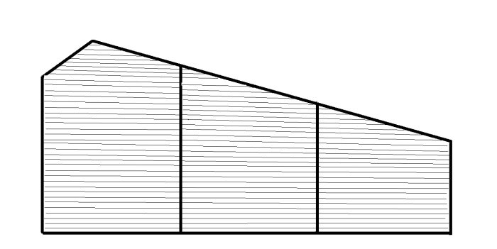 Schematisk ritning av en trätrall med tjockare ram och två delande brädor.