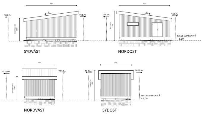 Arkitektoniska ritningar av ett förråd med pulpettak i fyra olika vyer: sydväst, nordost, nordväst och sydost.