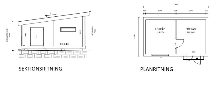 Sektionsritning och planritning av ett förråd på plintar med pulpettak, uppdelat i två sektioner.