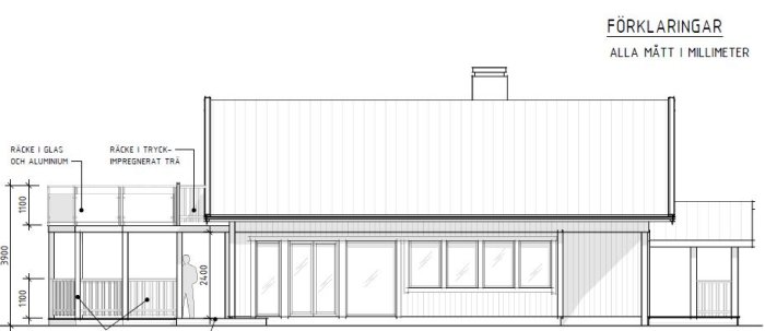 CAD-ritning av husfasad med specifikationer för balkong med glasräcke och trädetaljer.