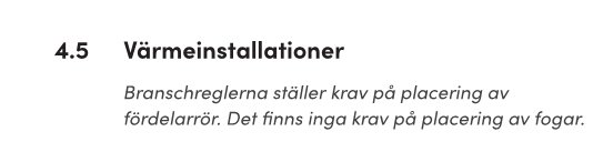 Utdrag från dokument med rubriken "4.5 Värmeinstallationer" om krav på placering av fördelarrör och fogar.