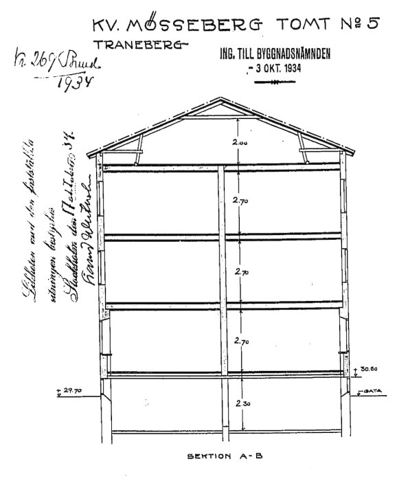 Ritning av byggnadssektion A-B för Kvarteret Mösseberg, Tomt nr 5, daterad 3 oktober 1934 med måttangivelser.