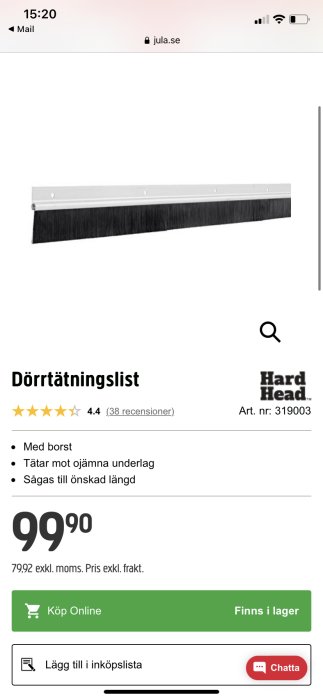 Dörrtätningslist med borst för att täta mot ojämna underlag, visas på produktwebbsida med pris och betyg.