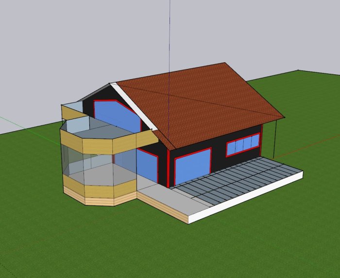 3D-modell av ett husförslag med röda fönsterkarmar, terrass och tillbyggnad i glas.