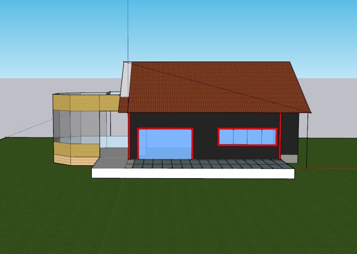 3D-rendering av ett hus med rött tak, svart och röd fasad samt ett modernt tillbyggnad.