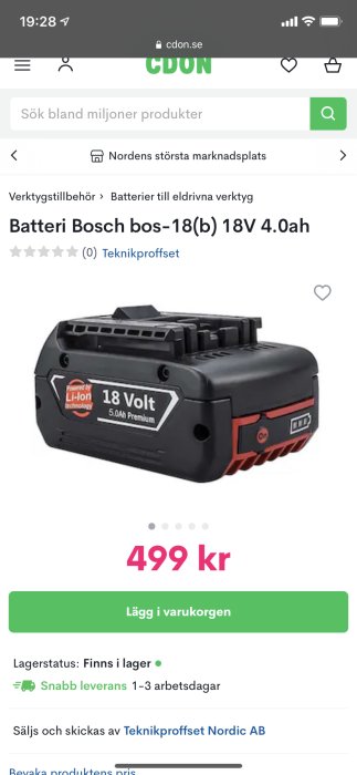 Batteri Bosch 18V 4.0Ah på produktwebbsida med pris och tillgänglighetsinformation.
