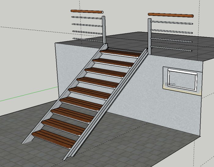 3D-modell av en trappa med trästeg och metallräcke.