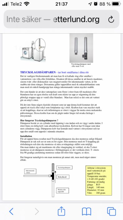 Skärmdump av en webbforumtråd som diskuterar användning av tryckslagsdämpare med diagram och produktspecifikationer.