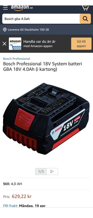 Bosch Professional 18V batteri med motsägande 4.0Ah på förpackningen och 5.0Ah på produkten.