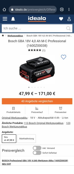 Bosch GBA 18V 4,0Ah M-C Professional batteri med 5,0Ah på etiketten, visat på Idealos webbplats.