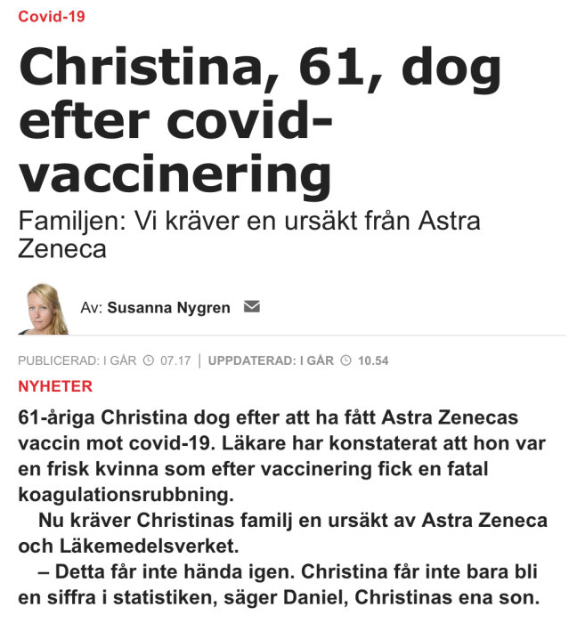 Skärmdump av artikel om kvinna som avled efter covid-vaccinering, familjen kräver ursäkt.