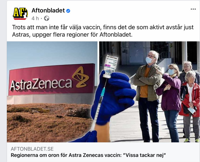 Aftonbladet artikelbild med en AstraZeneca-skylt och personer i mask som väntar på vaccination.