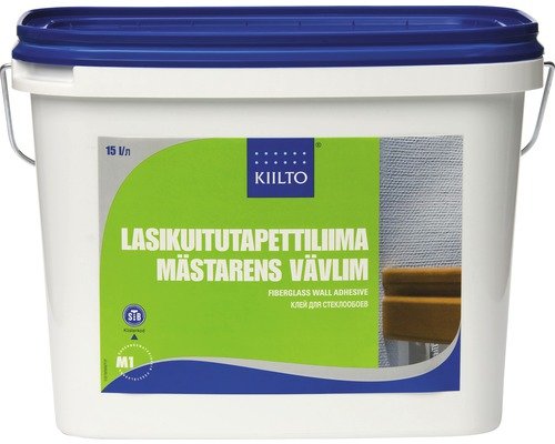 Hink med Kiiltos lasfibertapetlim "Mästarens val" på en etikett.