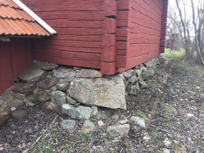 Lös stensockel under rött trähus som trycks ut och riskerar husets bärighet.