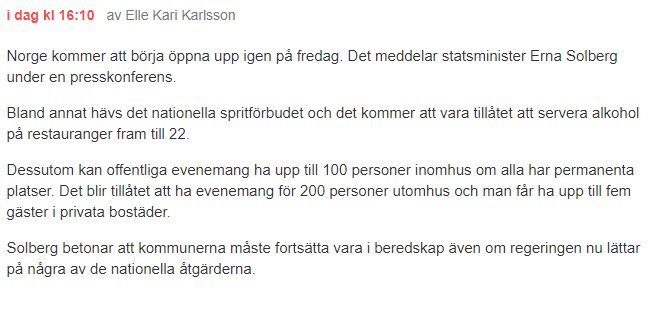 Skärmdump av ett foruminlägg om att Norge börjar öppna upp och tillåter servering av alkohol till 22.
