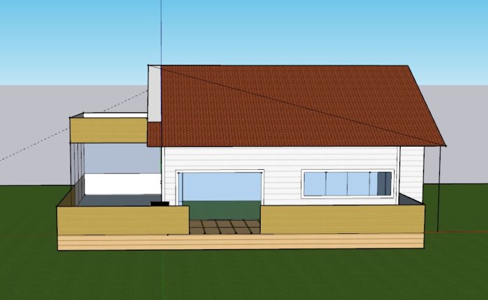 3D-modell av ett hus med stor balkong och en källartrappa, som visar en föreslagen tillbyggnad.