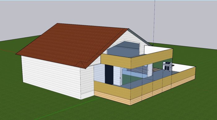 3D-modell av ett hus med utdragen balkong och en källartrappa som delar exteriören.