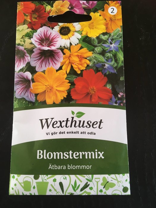 Fröpåse från Wexthuset med texten "Blomstermix – Ätbara blommor" och bild av färgglada blommor.
