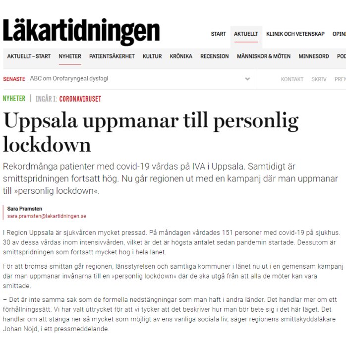 Artikel på webbsida med titeln "Uppsala uppmanar till personlig lockdown" och text om ökat tryck i sjukvården.