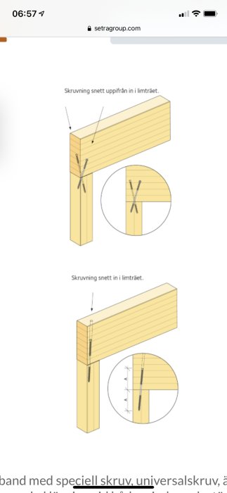 Illustration av hur man skruvar snett uppifrån i limträ med fokus på skruvteknik.