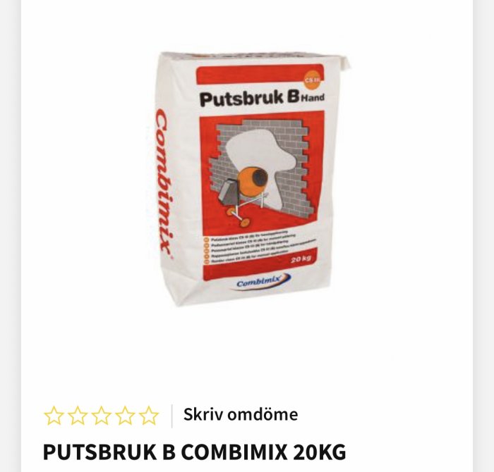 Förpackning av Combimix Putsbruk B 20kg med produktinformation och femstjärnig recension.
