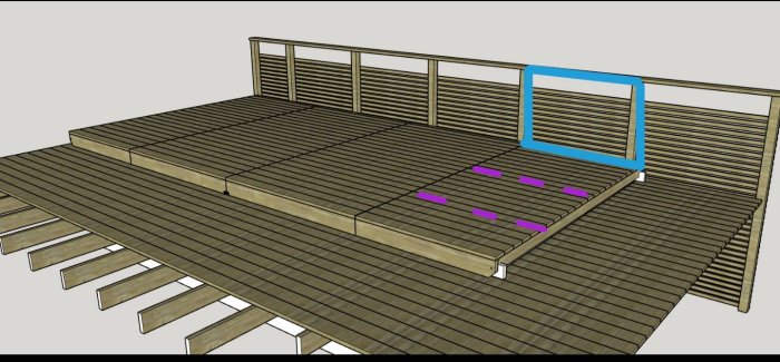 3D-skiss av trädäck med ledande sektioner markerade i blått och lila.