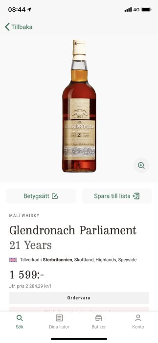 Flaska av Glendronach Parliament 21 Years Single Malt Scotch Whisky med prisinformation.